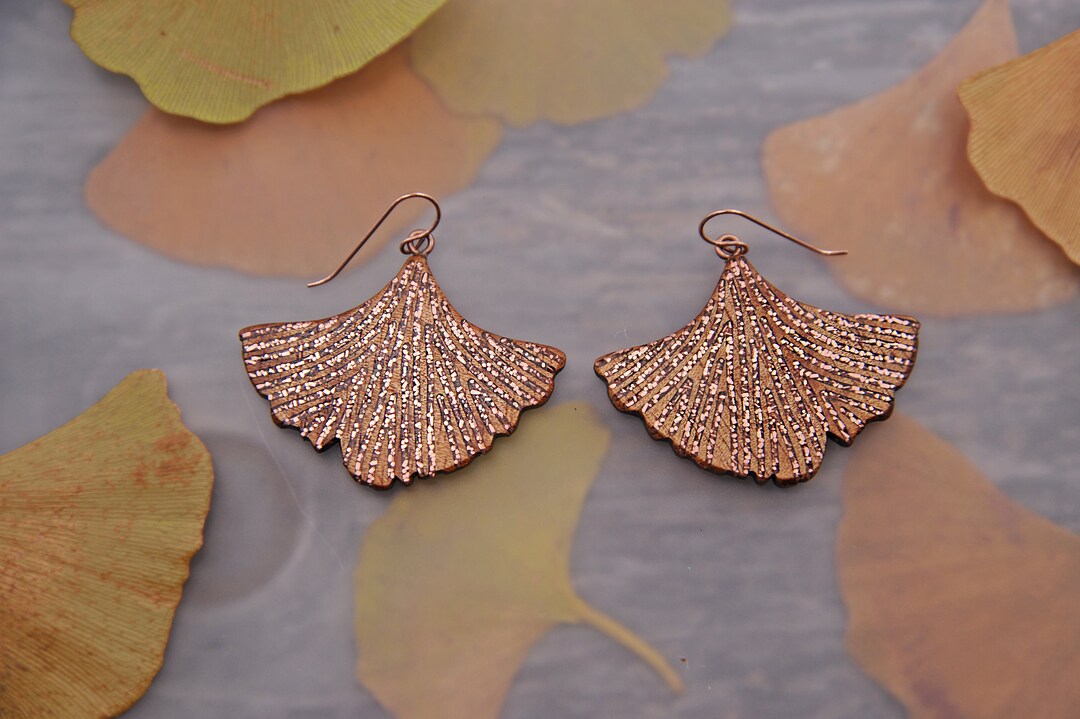 Ginkgo Biloba Leaf Statement Earrings With Koa Wood Recycled Copper