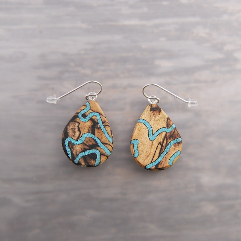 Unique Mismatched One of A Kind Turquoise and Wood Teardrop Dangle Drop Earrings Sterling Silver