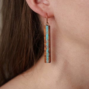 Long Hawaiian Koa Turquoise Inlaid Earrings with Recycled Copper, long Rose Gold Ear Wires image 3
