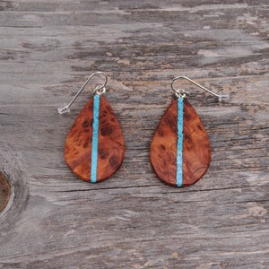 California Redwood Burl and Arizona Turquoise Inlaid Boho Teardrop Earrings 14k Rose Gold Ear Wires Hypoallergenic Dangle Drop. image 6