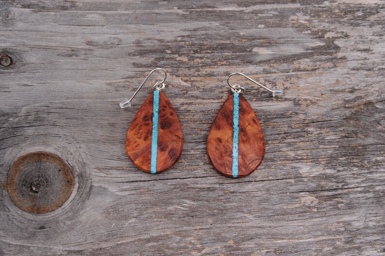 California Redwood Burl and Arizona Turquoise Inlaid Boho Teardrop Earrings 14k Rose Gold Ear Wires Hypoallergenic Dangle Drop. image 6