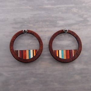 Wood Circle Hoop Statement Earrings with Turquoise, Surgical Steel, Lightweight Boho image 9