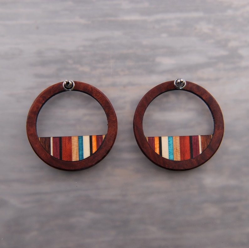 Wood Circle Hoop Statement Earrings with Turquoise, Surgical Steel, Lightweight Boho image 9