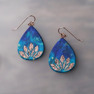 Rose Gold Lotus Earrings: Bright Blue Wood Teardrops