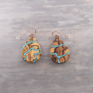 Unique Mismatched One of A Kind Turquoise and Wood Teardrop Dangle Drop Earrings image 4