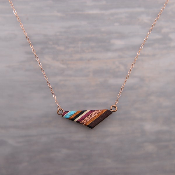 Recycled Copper and Turquoise Triangle Pendant, 14k Rose gold Made From Reclaimed Wood, Small Horizontal, Dainty Simple Casual Pendant