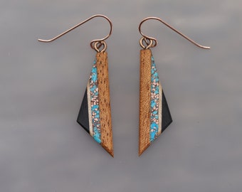 Mahogany Triangle Dangle Earrings with Turquoise and Recycled Copper inlay, Rose Gold Ear Wires Hypoallergenic.