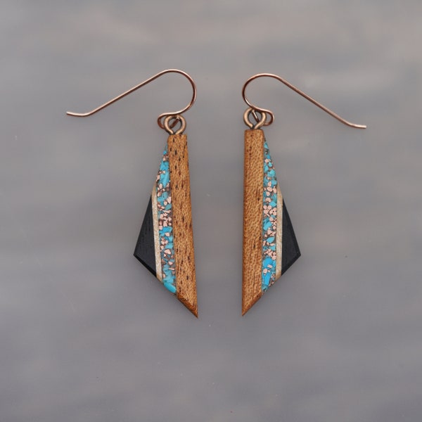 Mahogany Triangle Dangle Earrings with Turquoise and Recycled Copper inlay, Rose Gold Ear Wires Hypoallergenic.