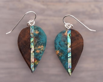 Abalone Leaf Earrings, Unique handmade Wood Jewelry, Leaf Dangle Earring