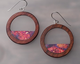 Wood Circle Hoop Statement Earrings, Hypoallergenic and Lightweight Boho Galaxy