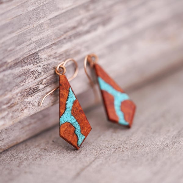 Geometric Teardrop Earrings: Honduran Rosewood and Turquoise.