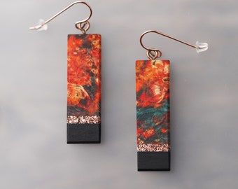 Abstract Colorful Bar  Dangle Earrings With Recycled Copper inlay. Hypoallergenic Drop Fish hook