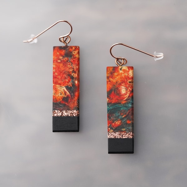 Abstract Colorful Bar  Dangle Earrings With Recycled Copper inlay. Hypoallergenic Drop Fish hook