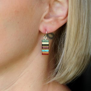 May include: A pair of dangle earrings with a layered wood design. The wood is in shades of brown, red, green, and white with turquoise accents. The earrings are silver.