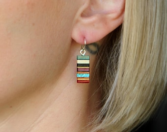 Handmade Reclaimed Wood Earrings: Turquoise Inlay, Surgical Steel