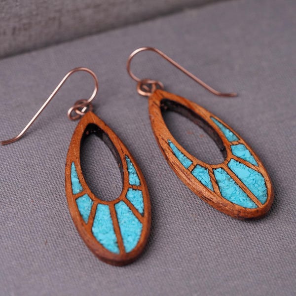 Koa Wood Turquoise Earrings: Art Nouveau Teardrop, 14k Rose Gold Filled