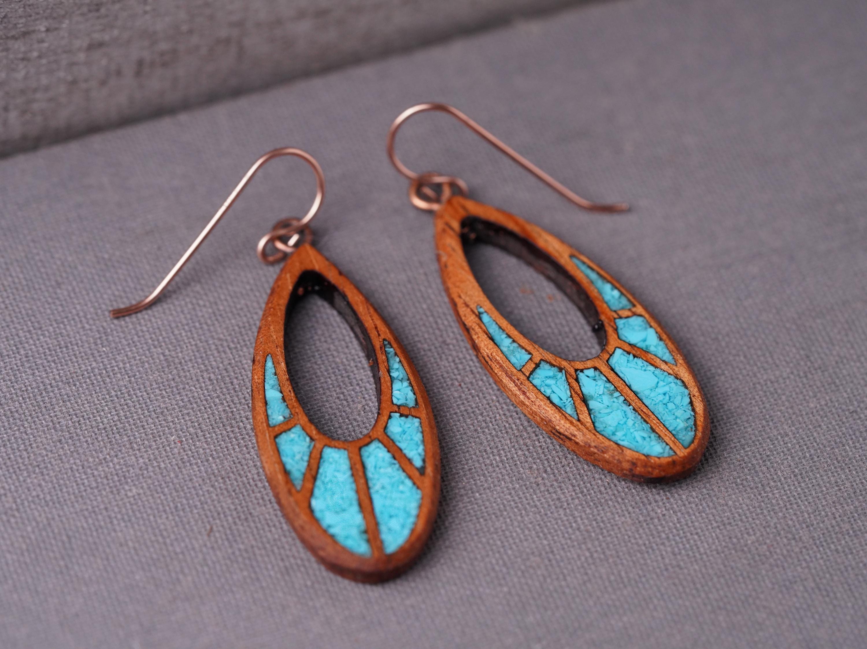 Boucles d'oreilles turquoise en bois de koa : larme Art nouveau, or rose 14 carats