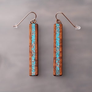Long Hawaiian Koa Turquoise Inlaid Earrings with Recycled Copper, long Rose Gold Ear Wires