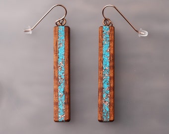 Long Hawaiian Koa Turquoise Inlaid Earrings with Recycled Copper, long Rose Gold Ear Wires