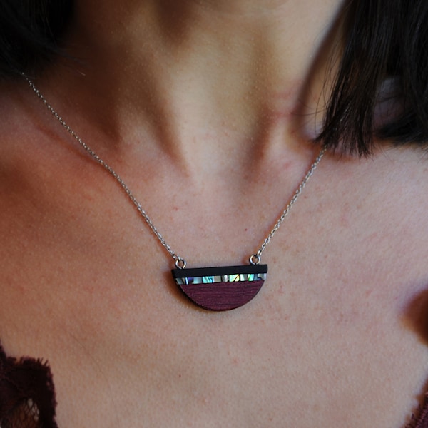 Purpleheart and Abalone Shell Semicircle Necklace