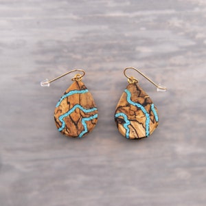 Unique Mismatched One of A Kind Turquoise and Wood Teardrop Dangle Drop Earrings image 1