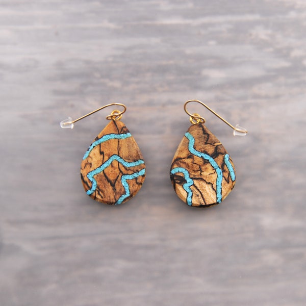 Unique Mismatched One of A Kind Turquoise and Wood Teardrop Dangle Drop Earrings