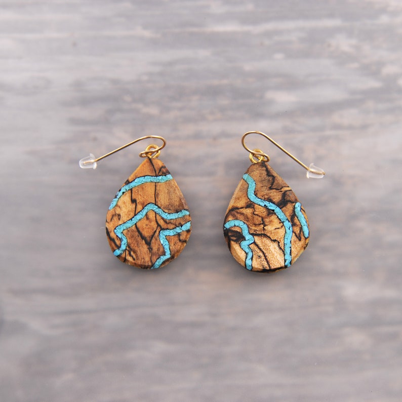 Unique Mismatched One of A Kind Turquoise and Wood Teardrop Dangle Drop Earrings image 1