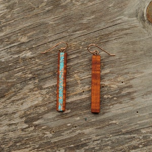 Long Hawaiian Koa Turquoise Inlaid Earrings with Recycled Copper, long Rose Gold Ear Wires image 7