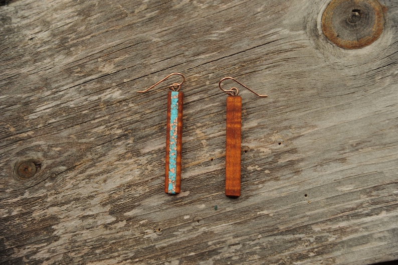 Long Hawaiian Koa Turquoise Inlaid Earrings with Recycled Copper, long Rose Gold Ear Wires image 7