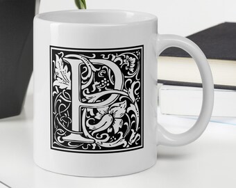 William Morris Mug, Letter P Mug, Monochrome Mug, Birthday Gift, Gifts for Birthday, William Morris Alphabet Mug, Mug for Men, Gifts for Her