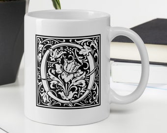 William Morris Mug, Letter O Mug, Monochrome Mug, Birthday Gift, Gifts for Birthday, William Morris Alphabet Mug, Mug for Men, Gifts for Her