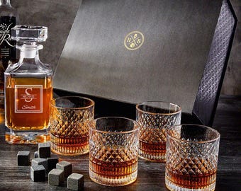 Engraved Whiskey Decanter Set with Box - Personalized Whiskey Decanter, Whiskey Stones, Luxury Whiskey Rocks Glasses,  Engraved Decanter