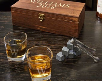 Personalized Whiskey Stones and Glasses Set - Etched Whiskey Sipper, Whiskey Box Set, Groomsmen Gift -