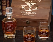 Mortar and Pestle Personalized Draper Eastham Whiskey Decanter Set - Gifts for Pharmacists, Engraved Whiskey Decanter, Med School Graduation