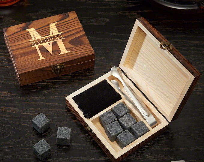 Custom Engraved Whiskey Stones Box Set - Whiskey Lover Gift, Retirement Gift, Chilling Stones, Custom Box Set -