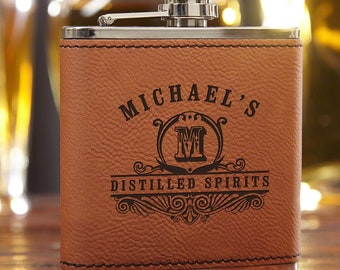 Personalized Leather-Wrapped Flask - Groomsmen Flask, Wedding Party Flask, Groomsmen Gifts -