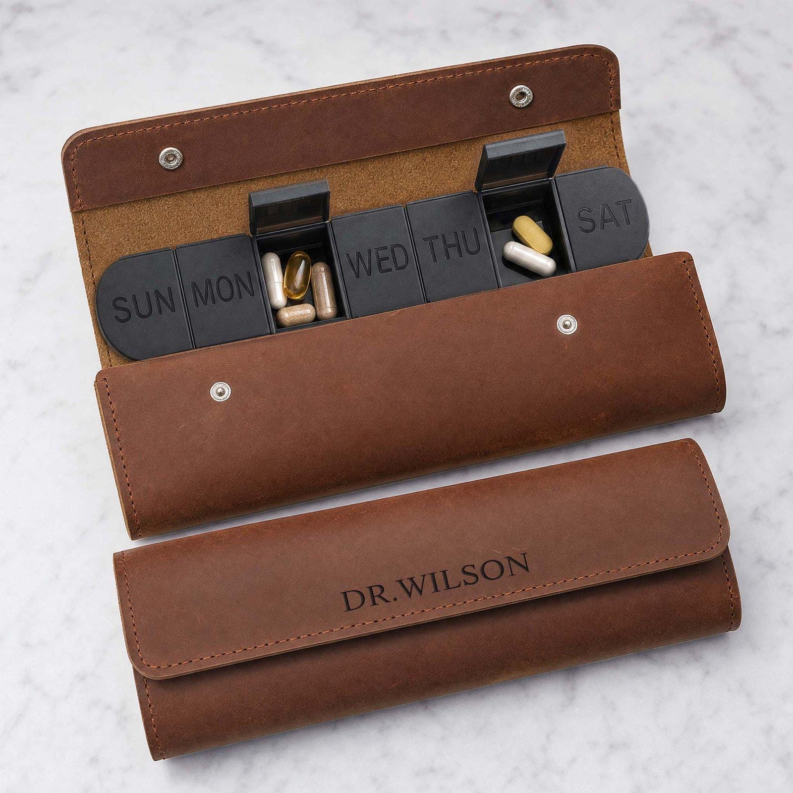 Personalized Leather Pill Case, Engraved 7 Day Pill Organizer, Travel Medicine Organizer, Custom Weekly Pill Box