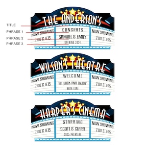 Home theater signs personalized with title and three phrases of your choice.