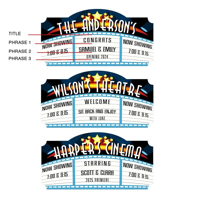 Home theater signs personalized with title and three phrases of your choice.