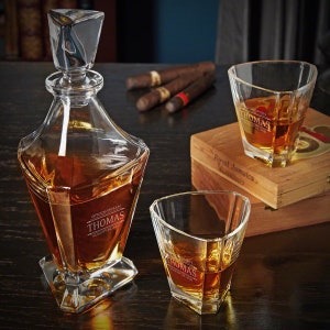 Custom Barware for Men - Etched Liquor Decanter, Etched Rocks Glasses, Whiskey Gift for Men -