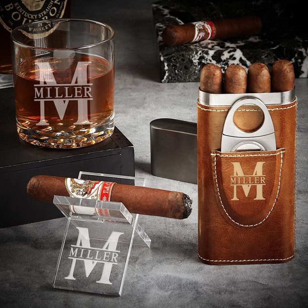 Custom Cigar Gift Set Etched Whiskey Glass, Gift for Husband, Cigar ...