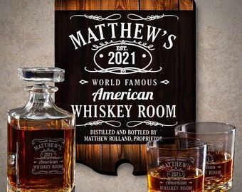 Personalized Whiskey Decanter Set & Bar Sign - Custom Engraved Gift