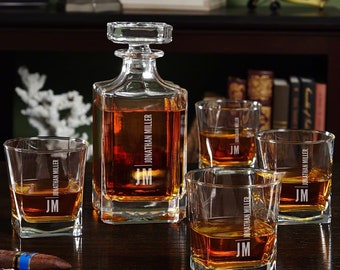 Monogram Bourbon Decanter Set - Etched Bourbon Glasses, Dads Birthday, Build Your Set Options Available -