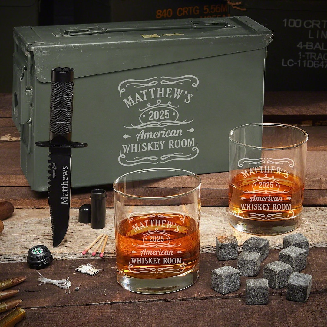 Custom Bullet Whiskey Stones & Tactical Knife Set for Whiskey Bourbon Scotch Lovers - Home Wet Bar