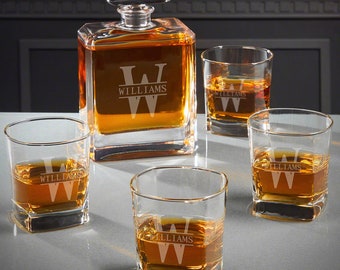 Etched Whiskey Decanter Set - Monogram Square Rocks Glasses, Whiskey Gift for Men, Decanter for Women -