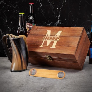 Horn Mug Custom Box Set - Viking Gift, Beer Lover Gift for Men, Groomsmen, Custom Barware Set, Home Bar Set