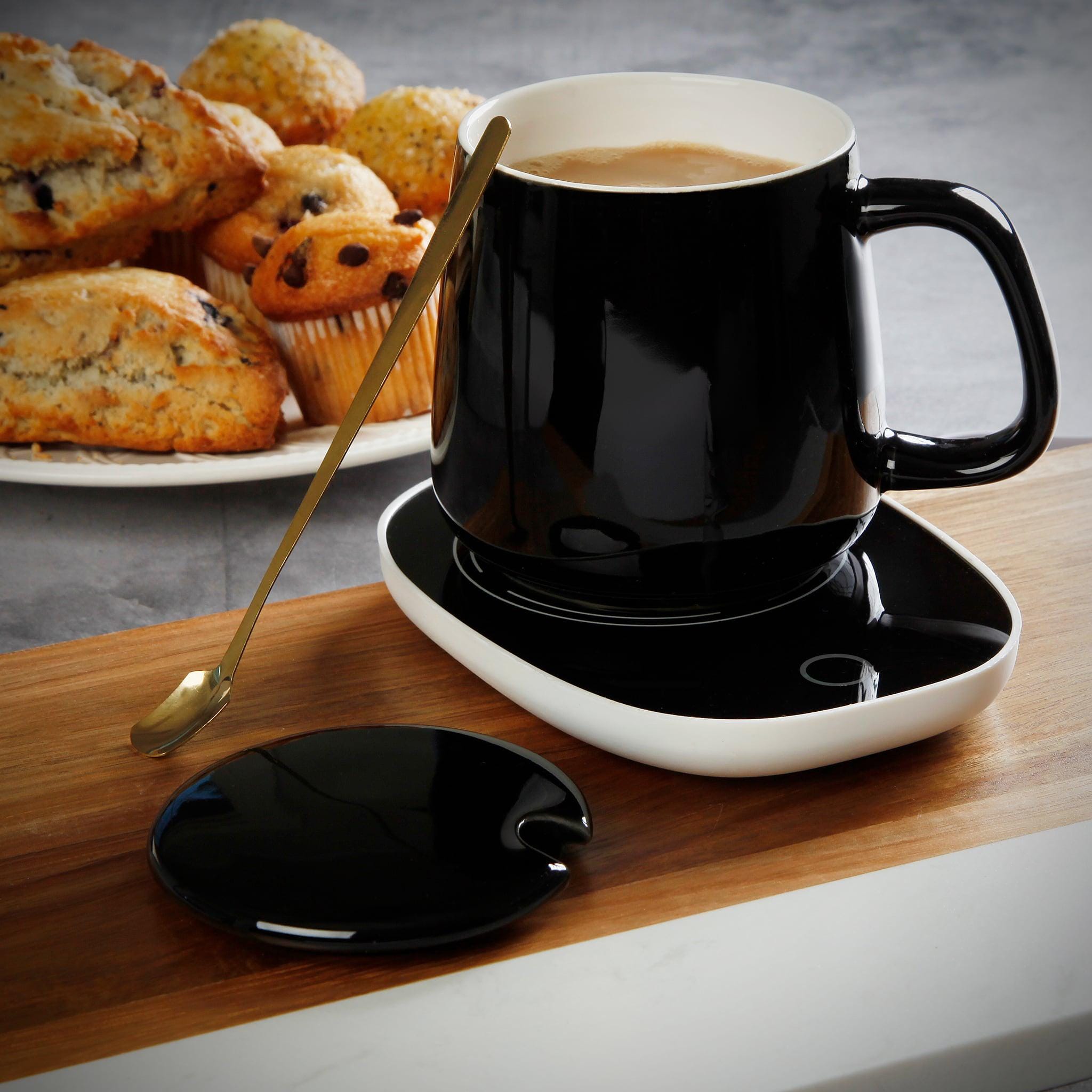 Warm and Cozy Cup Electric Mug Warmer Black Ceramic Coffee Cup Gift Set Coffee Mug Warmer With Lid and Gold Spoon Etsy