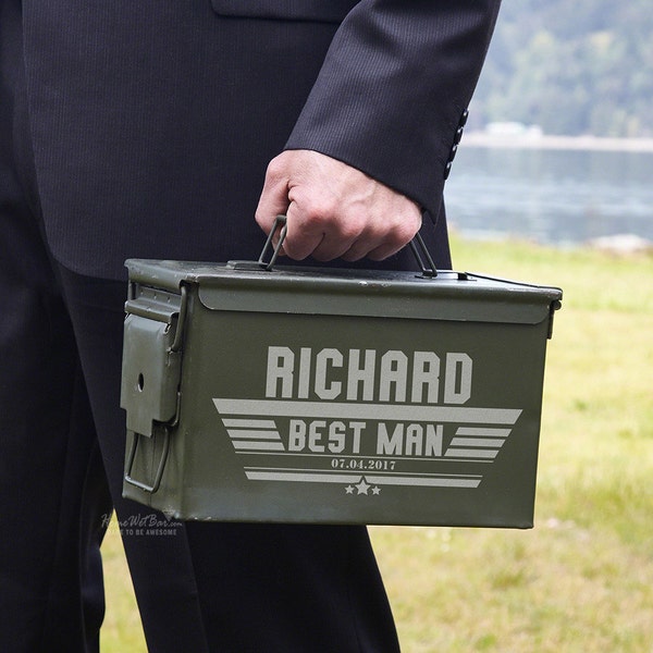 Personalized 50 cal Ammo Box - Groomsmen Gifts, Best Man Proposal Gift, Engraved Ammo Can, Authentic Bullet Box - Made in USA *