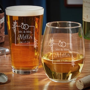 Personalized Beer and Wine Glass Set - Engagement Gift, Personalized Gifts, His and Her Gift, Beer Glass, Personalized Wine Glass