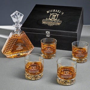 Custom Crystal Whiskey Decanter with Etched Whiskey Glasses - Custom Whiskey Decanter Set, Etched Crystal Glasses, Personalized Barware